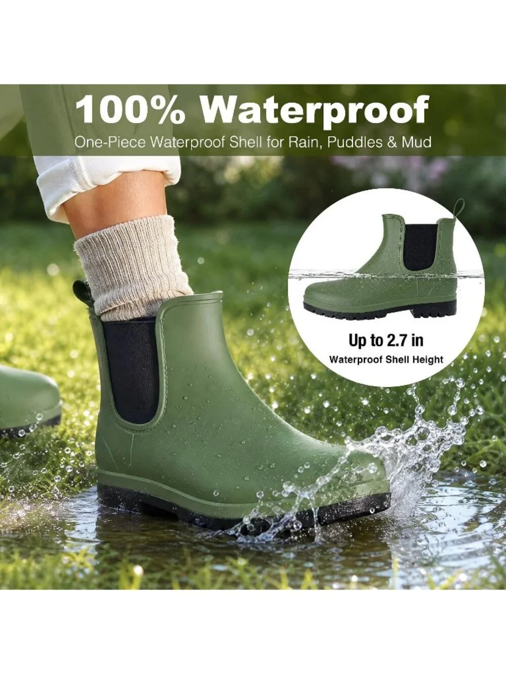 Women's Green Waterproof Chelsea Rain Boots Non Slip Garden Ankle Boots